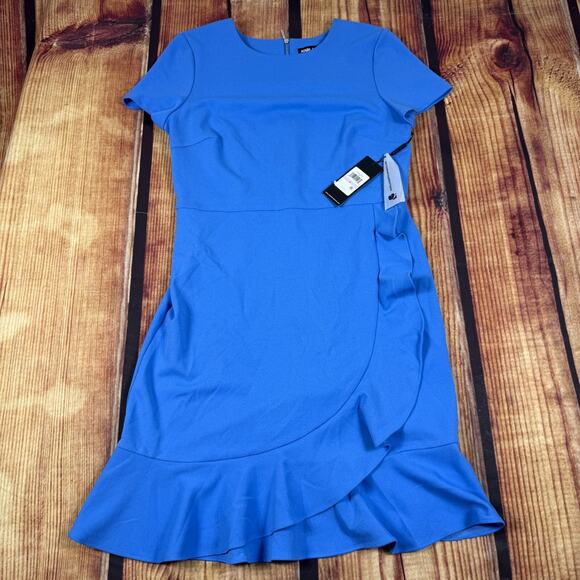 New Karl Lagerfeld Flared Ruffle Dress Womens 6 Blue Short Sleeve Back Zip Paris - Picture 1 of 11